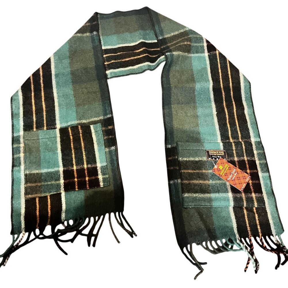 Patrick‎ king Wool Pocket Scarf Fringe Green & Black Plaid Design tartan